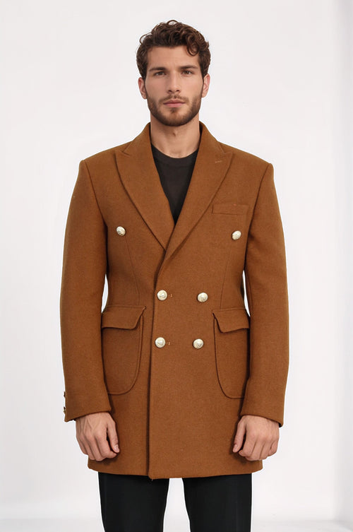 Metal Buttoned Double Breasted Tan Men Coat - Wessi
