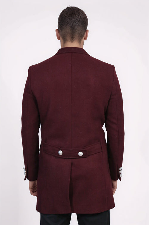 Metal Buttoned Double Breasted Burgundy Men Long Coat - Wessi