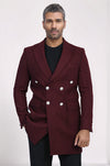 Metal Buttoned Double Breasted Burgundy Men Long Coat - Wessi