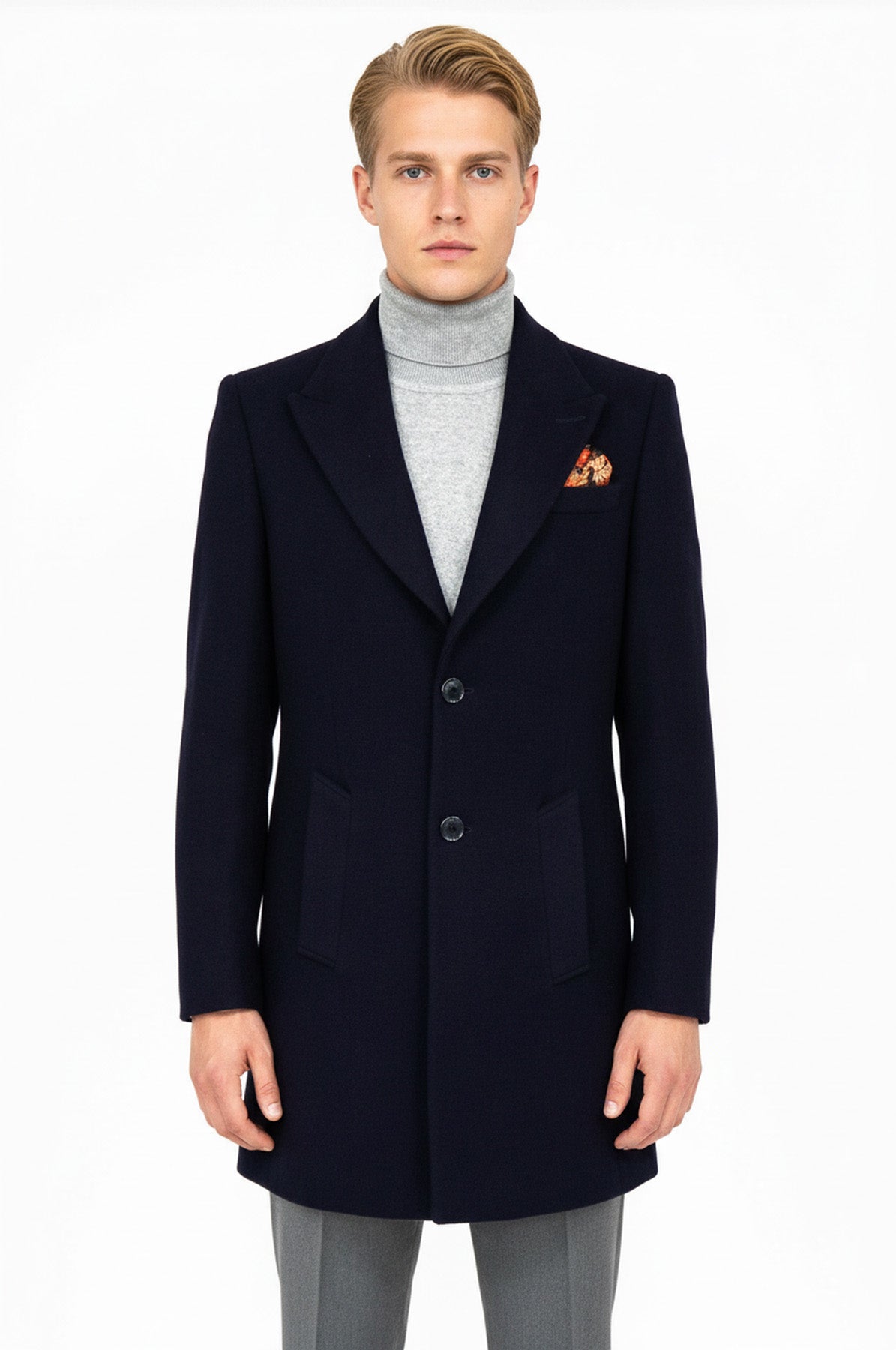 Wide Lapel Wool Navy Blue Men Coat - Wessi
