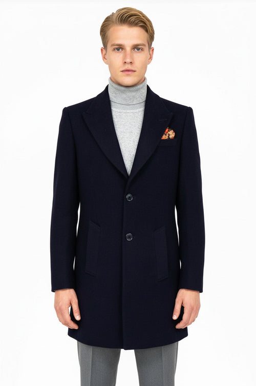Wide Lapel Wool Navy Blue Men Coat - Wessi