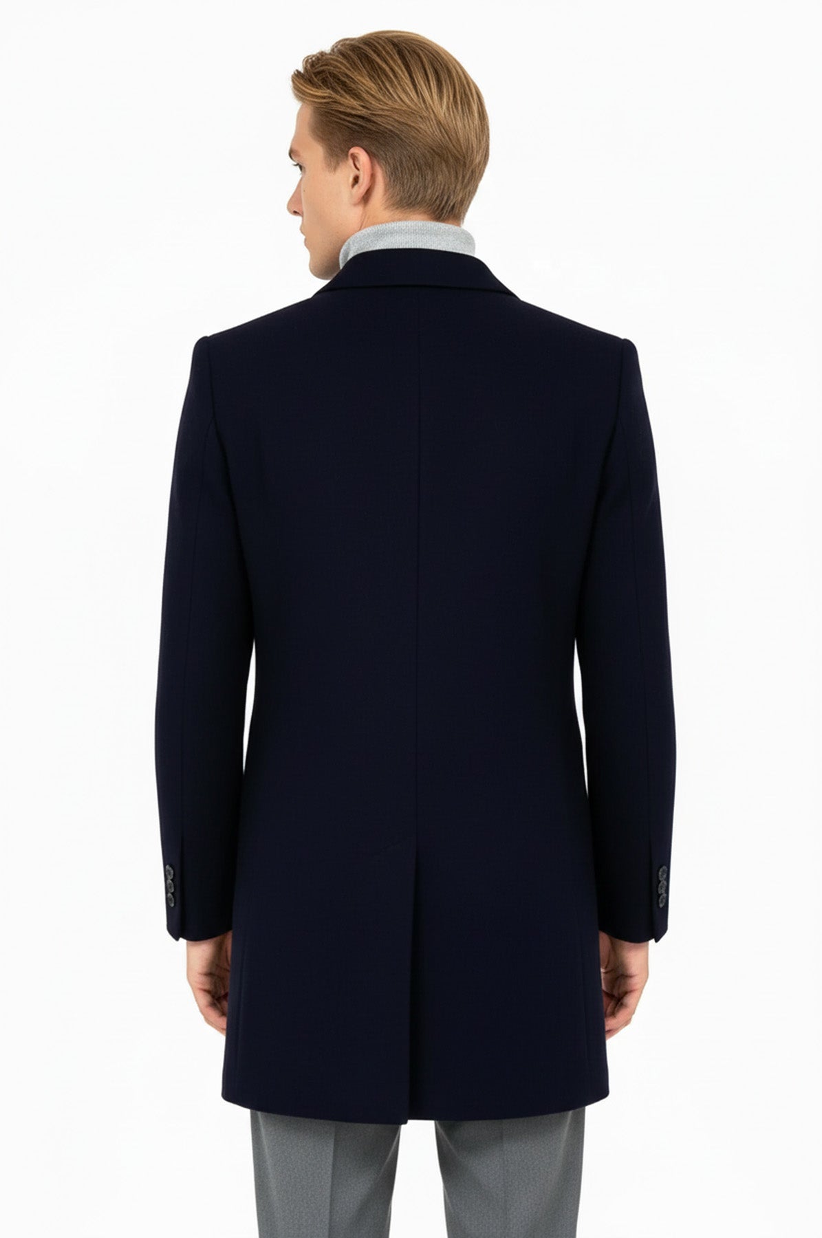 Wide Lapel Wool Navy Blue Men Coat - Wessi