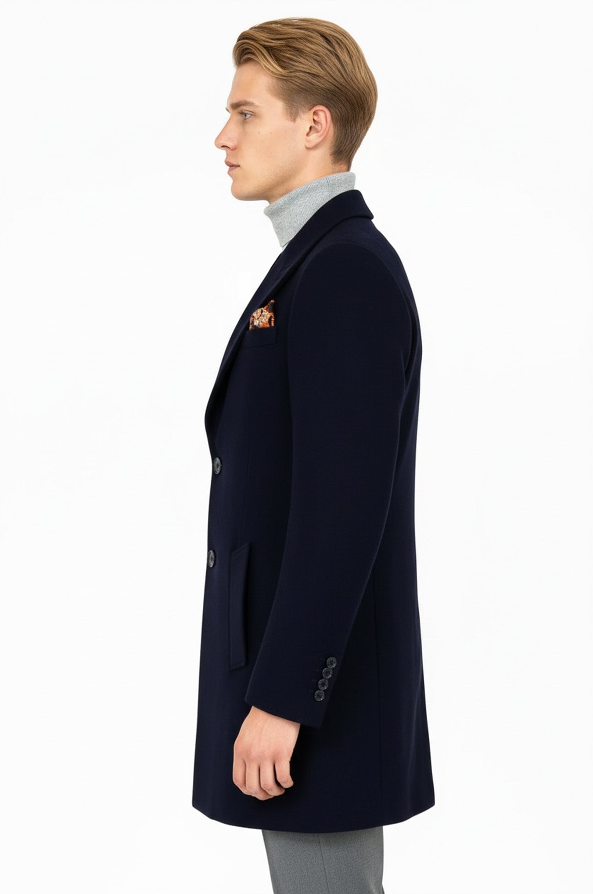 Wide Lapel Wool Navy Blue Men Coat - Wessi