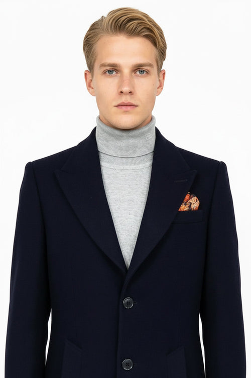 Wide Lapel Wool Navy Blue Men Coat - Wessi