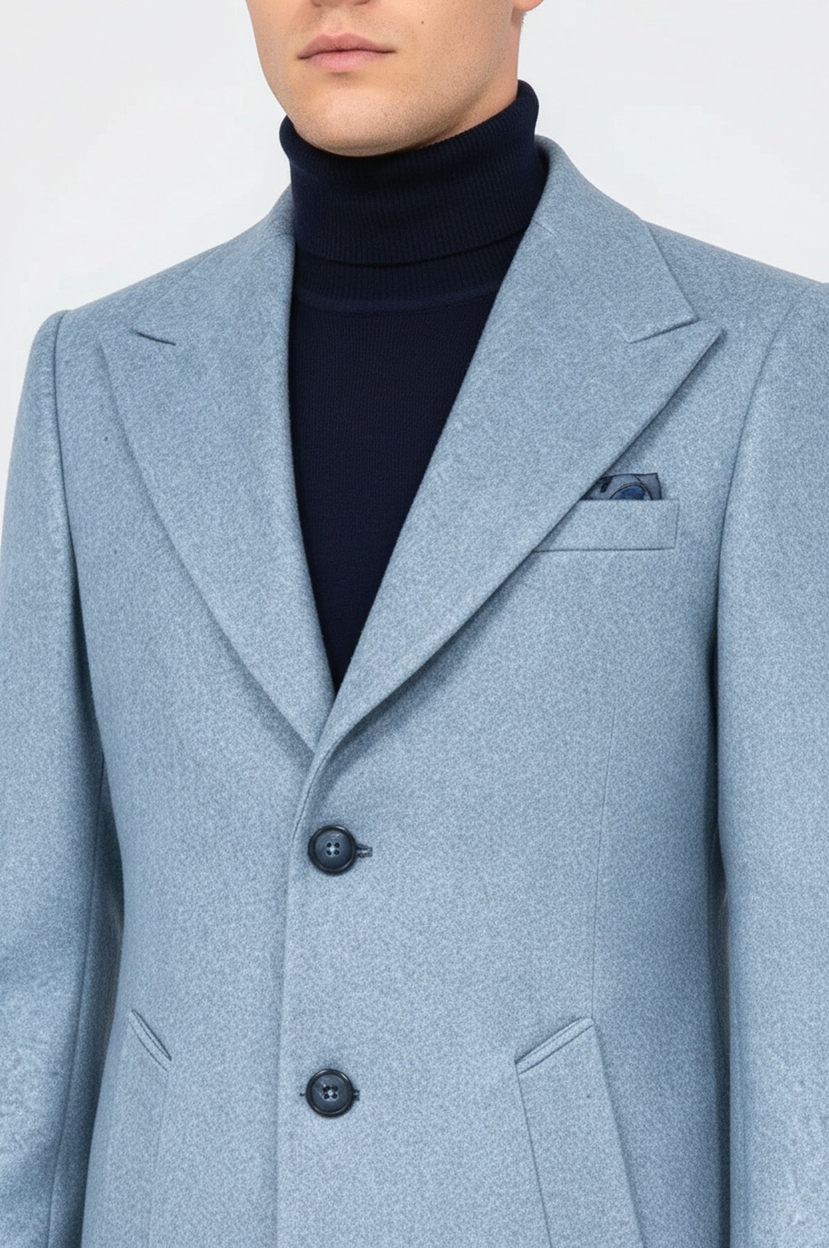 Wide Lapel Wool Light Blue Men Coat - Wessi