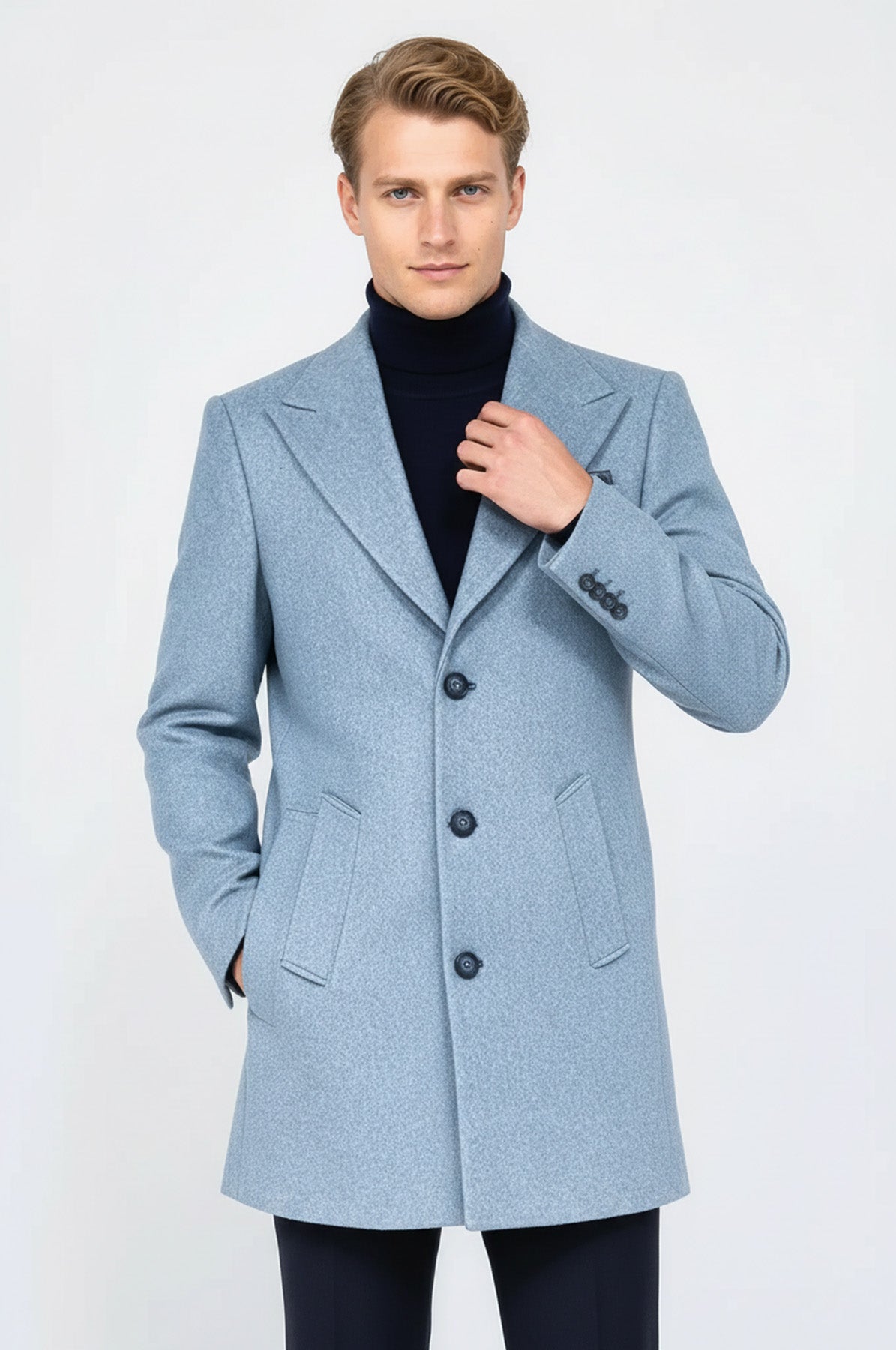 Wide Lapel Wool Light Blue Men Coat - Wessi