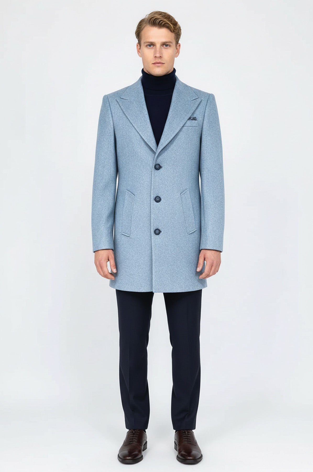 Wide Lapel Wool Light Blue Men Coat - Wessi