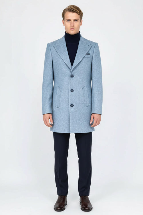 Wide Lapel Wool Light Blue Men Coat - Wessi