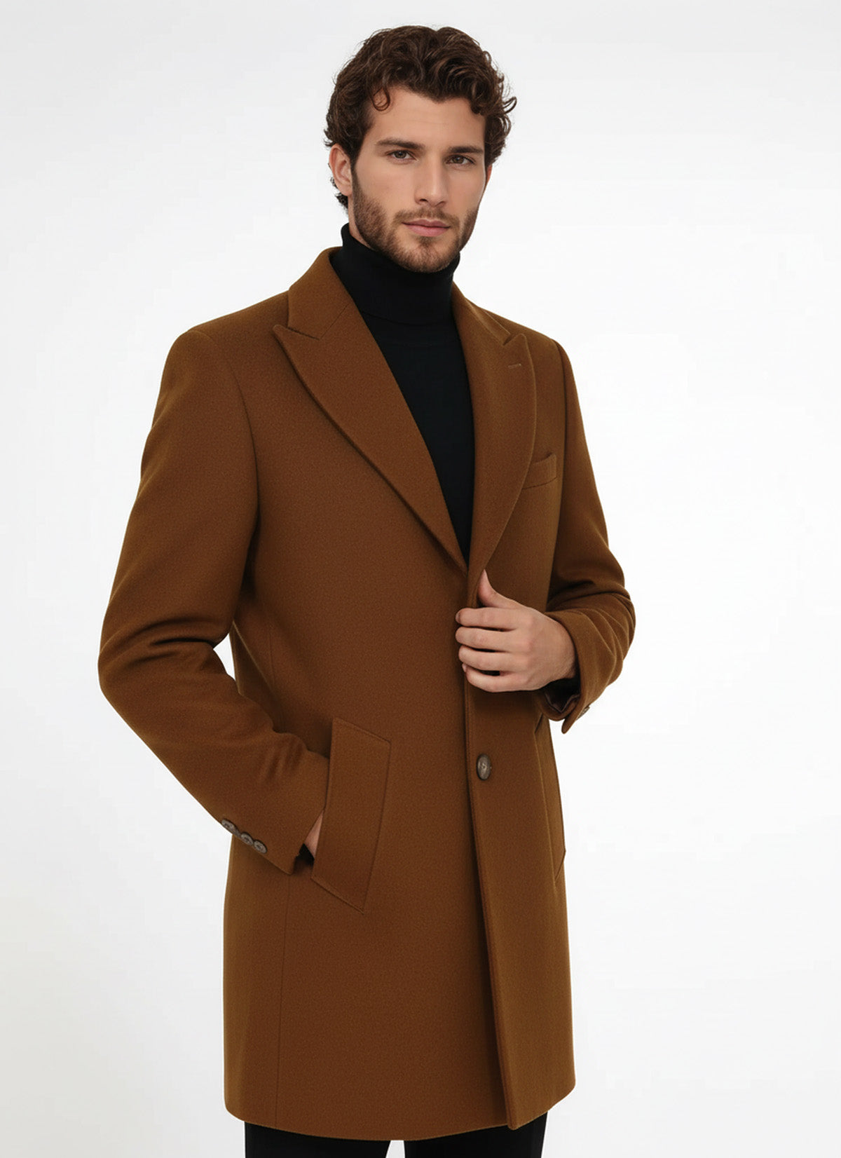 Wide Lapel Wool Brown Men Coat - Wessi