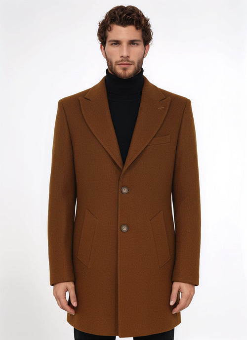 Wide Lapel Wool Brown Men Coat - Wessi