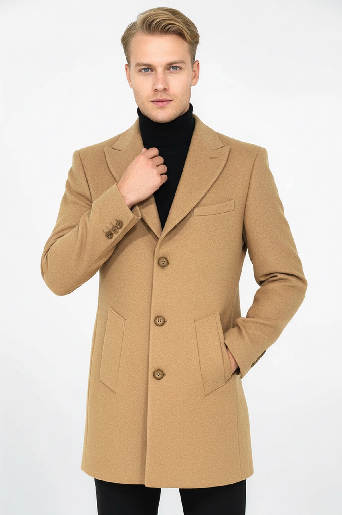 Wide Lapel Wool Cream Men Coat - Wessi