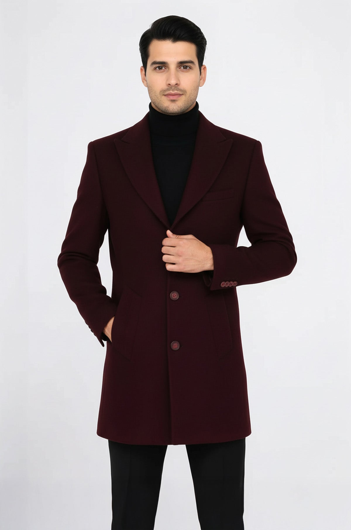 Wide Lapel Wool Burgundy Men Coat - Wessi