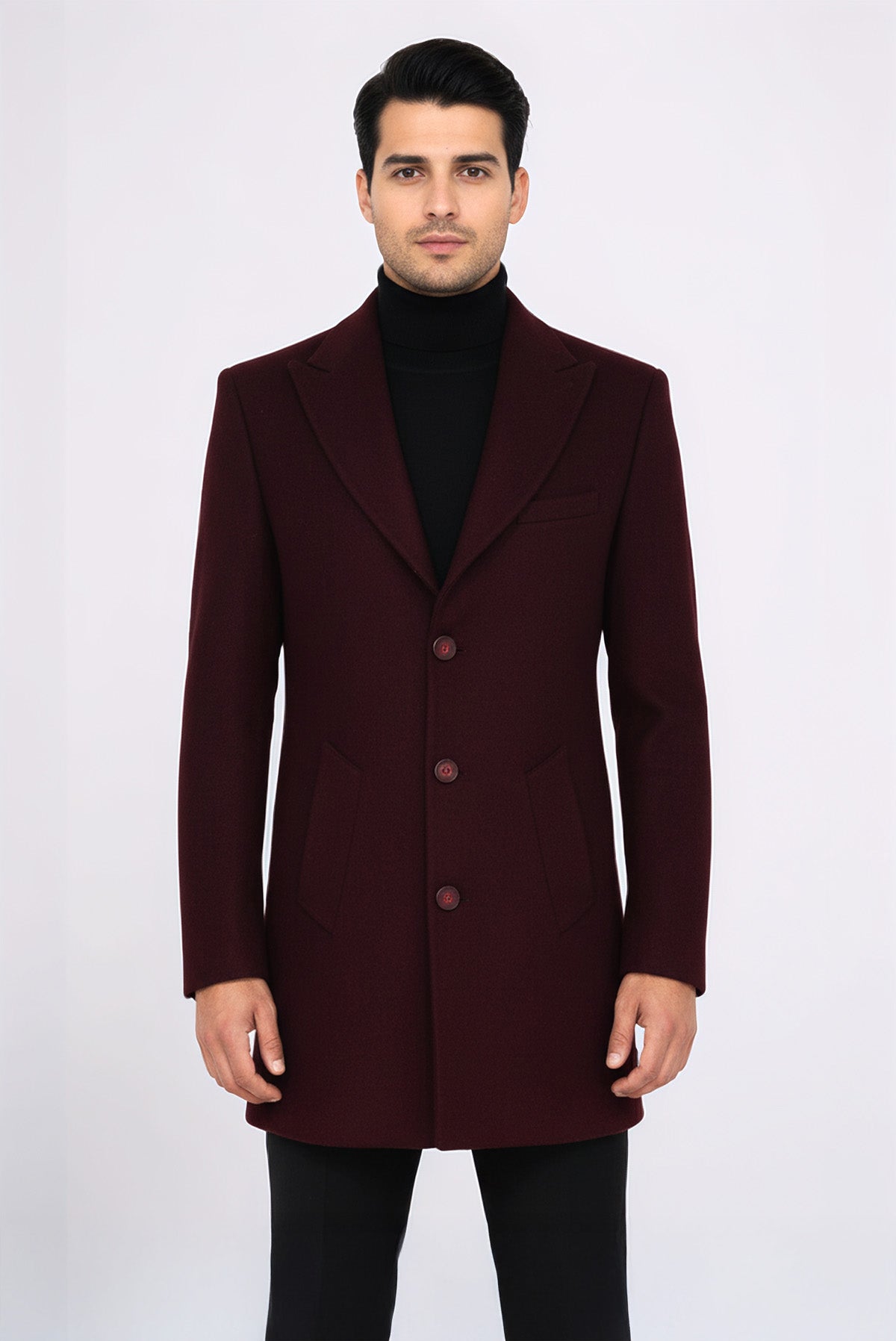 Wide Lapel Wool Burgundy Men Coat - Wessi