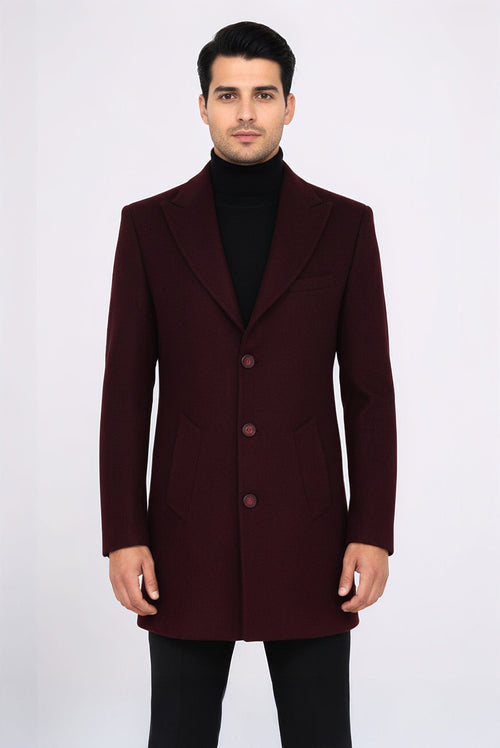 Wide Lapel Wool Burgundy Men Coat - Wessi