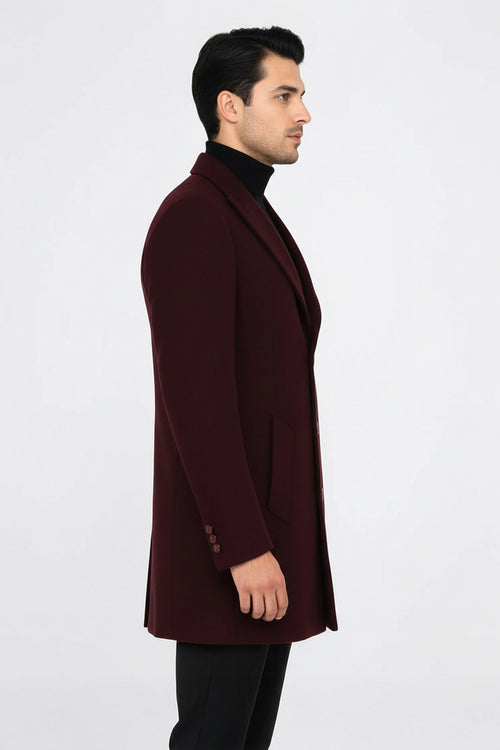 Wide Lapel Wool Burgundy Men Coat - Wessi