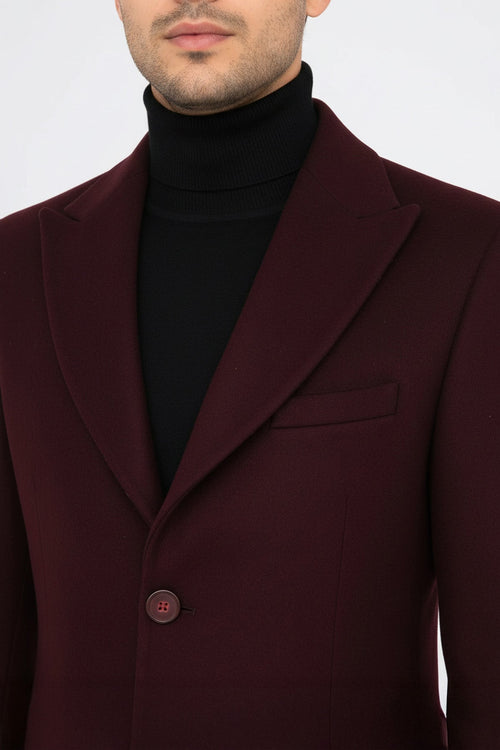 Wide Lapel Wool Burgundy Men Coat - Wessi