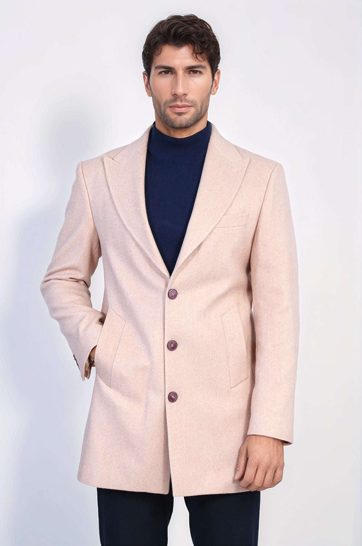 Wide Lapel Wool Light Pink Men Coat - Wessi