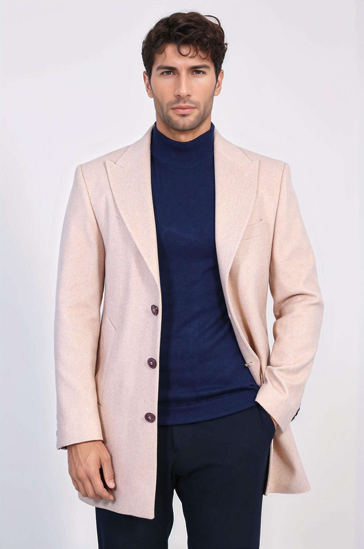 Wide Lapel Wool Light Pink Men Coat - Wessi