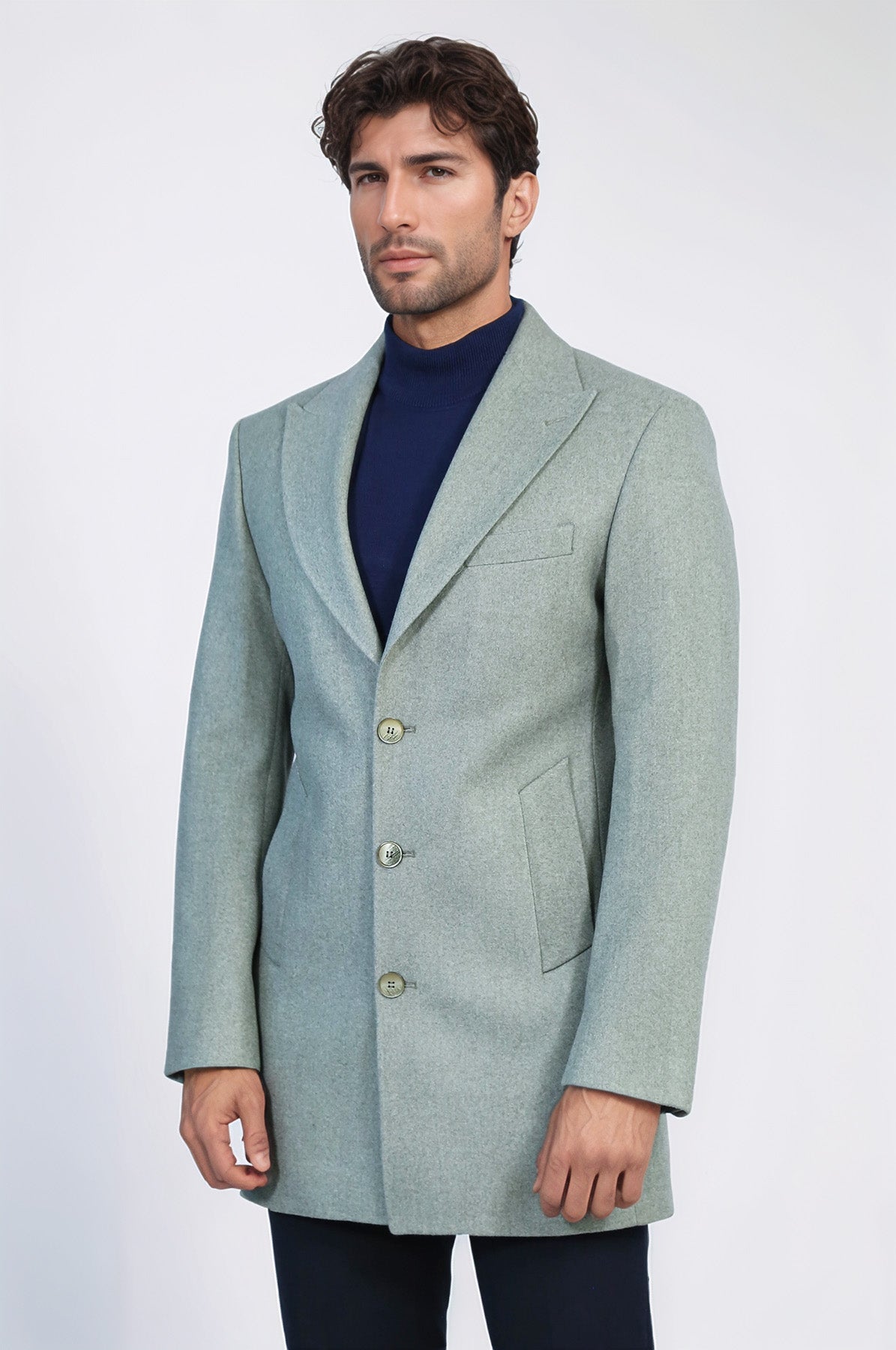 Wide Lapel Wool Oil Green Men Coat - Wessi