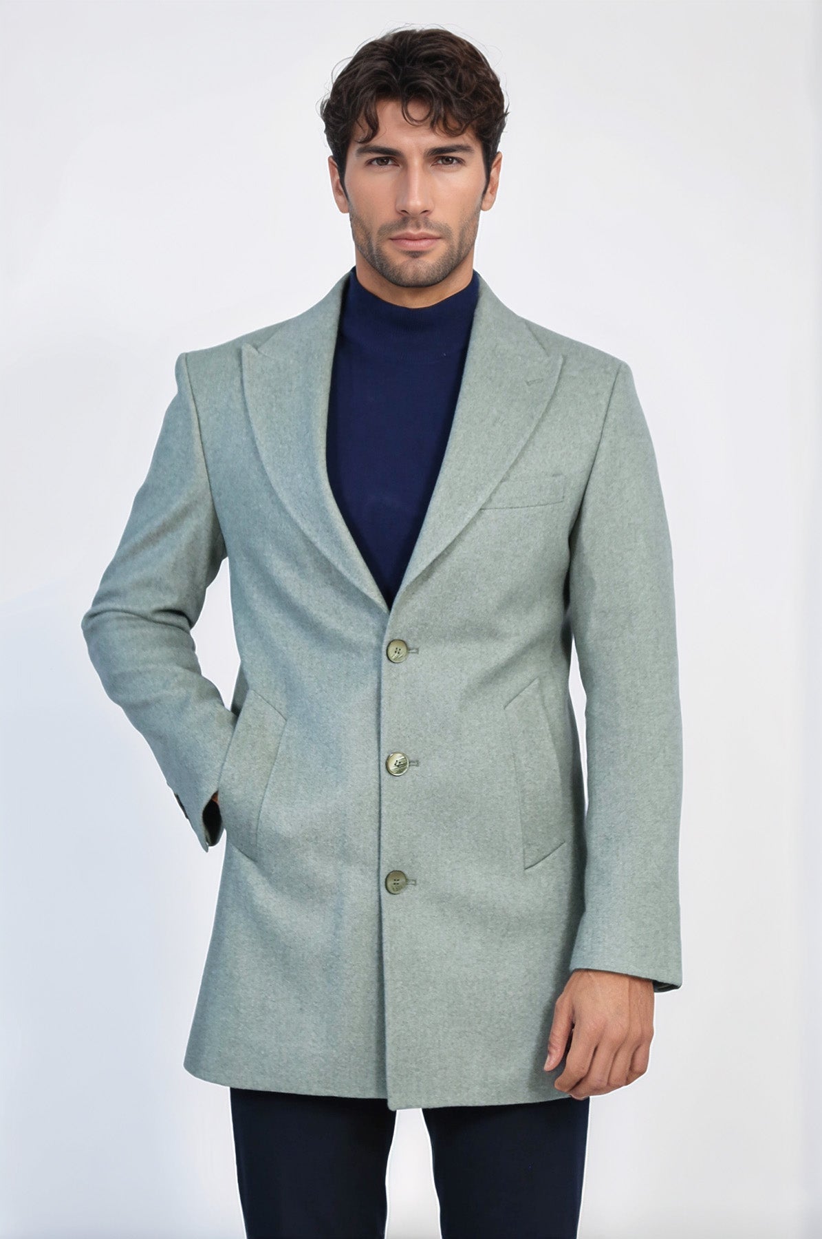 Wide Lapel Wool Oil Green Men Coat - Wessi