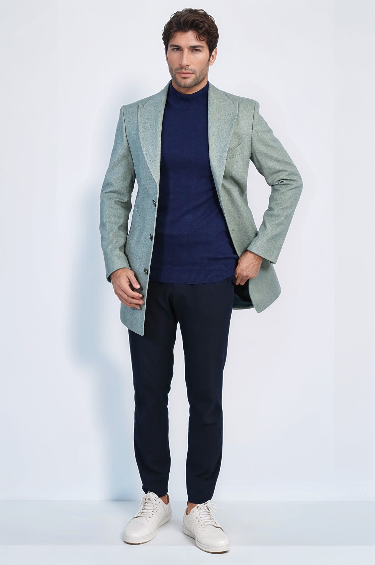 Wide Lapel Wool Oil Green Men Coat - Wessi