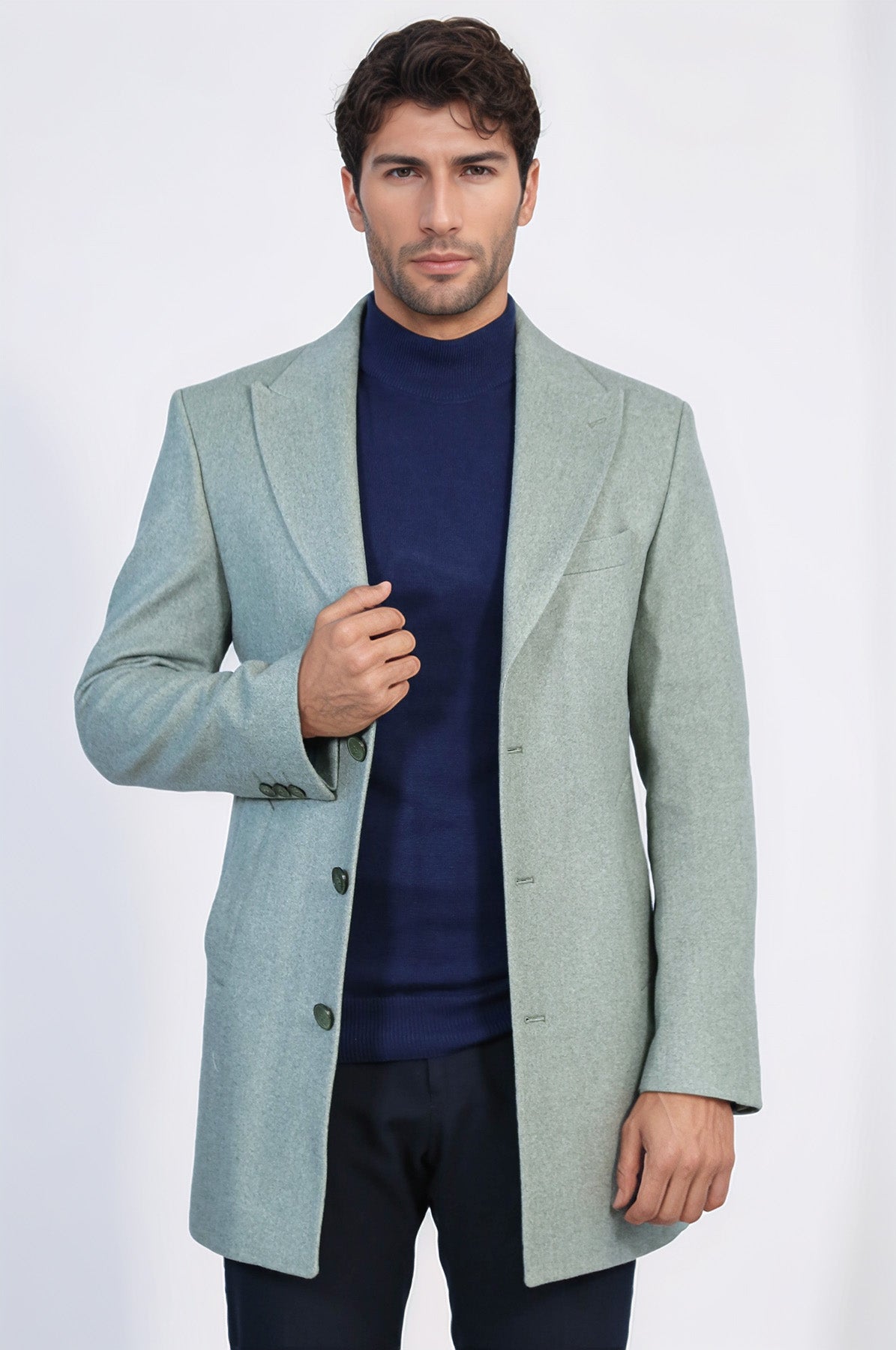 Wide Lapel Wool Oil Green Men Coat - Wessi