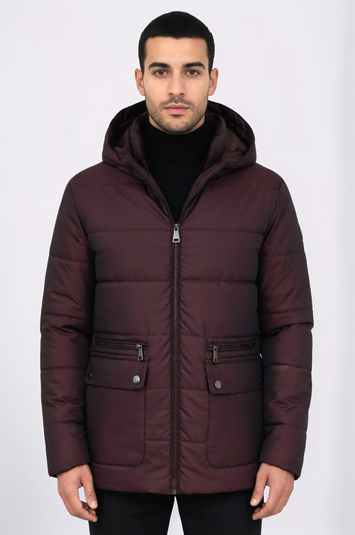 Slim Fit Hooded Burgundy Men Coat - Wessi