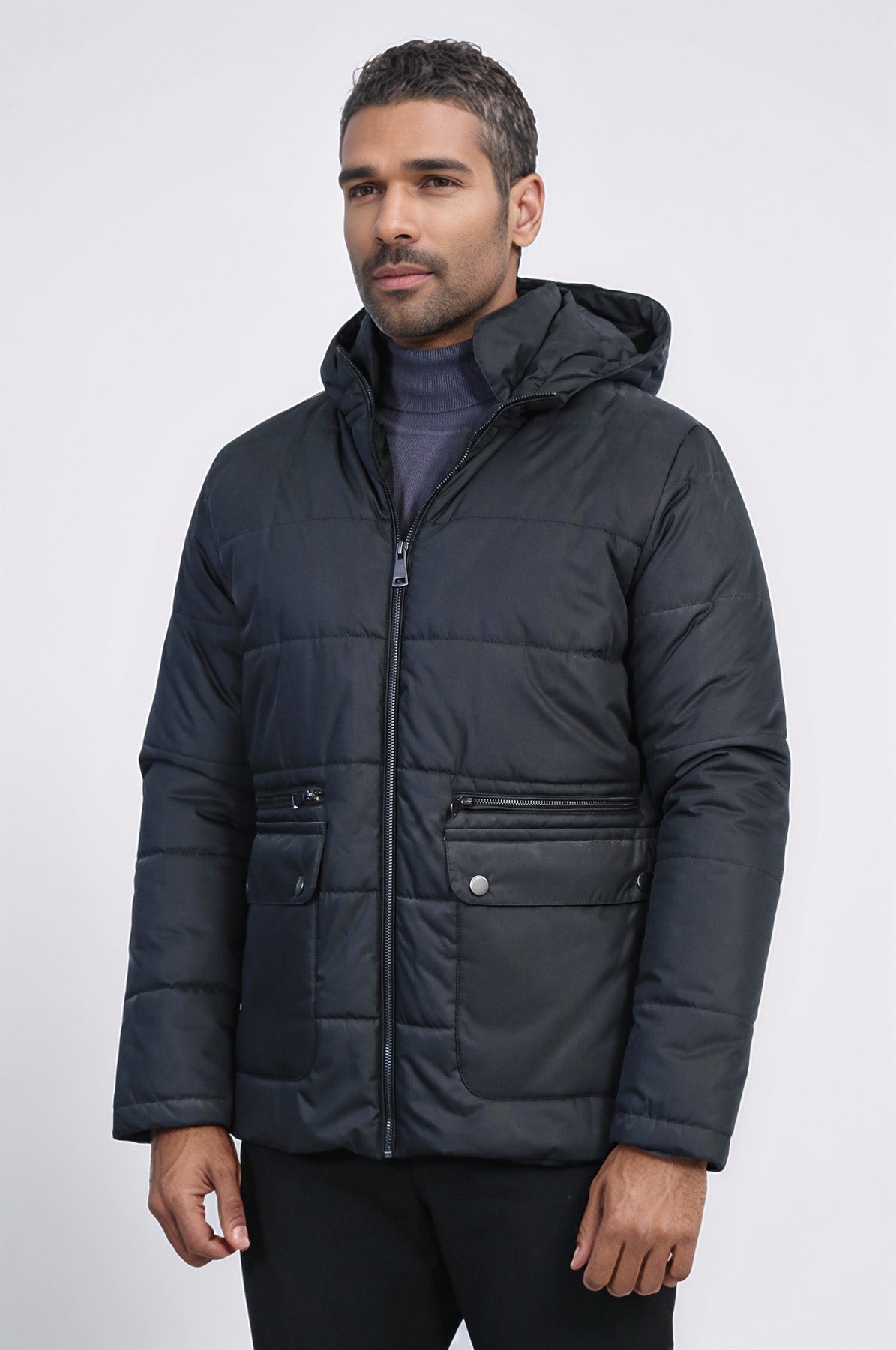 Slim Fit Hooded Black Men Coat - Wessi