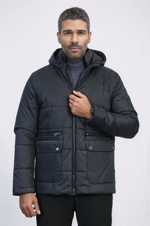 Slim Fit Hooded Black Men Coat - Wessi