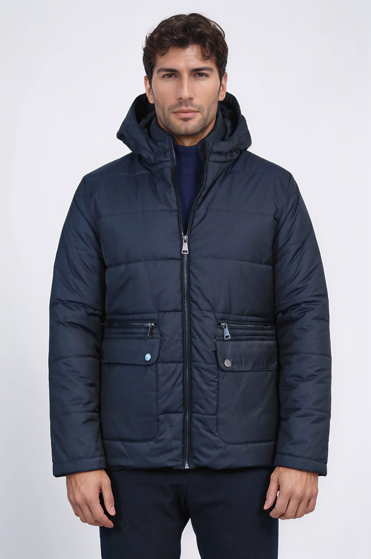 4 Pockets Hooded Zippered Quilted Navy Blue Men Down Coat