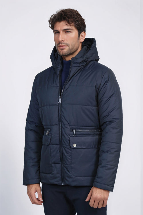 4 Pockets Hooded Zippered Quilted Navy Blue Men Down Coat