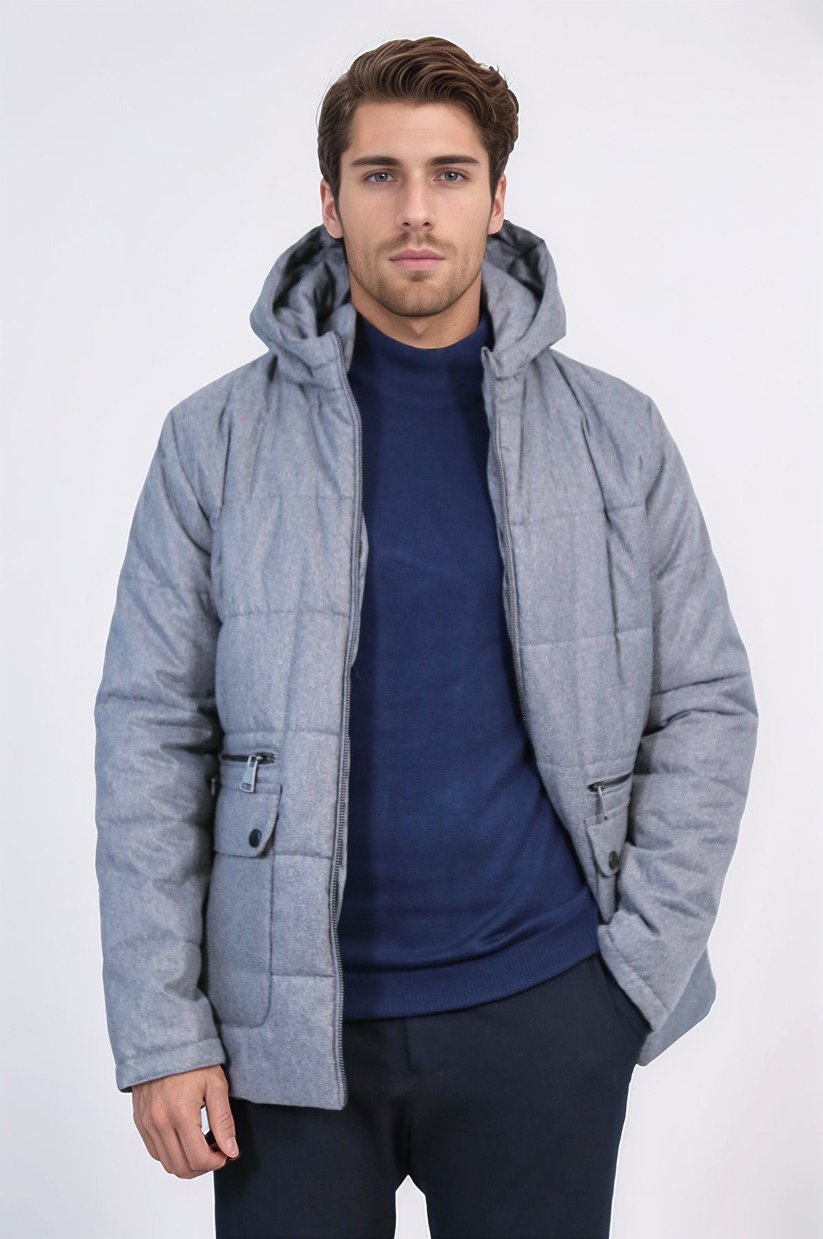 Slim Fit Hooded Grey Men Coat - Wessi