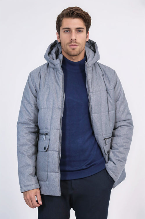 Slim Fit Hooded Grey Men Coat - Wessi