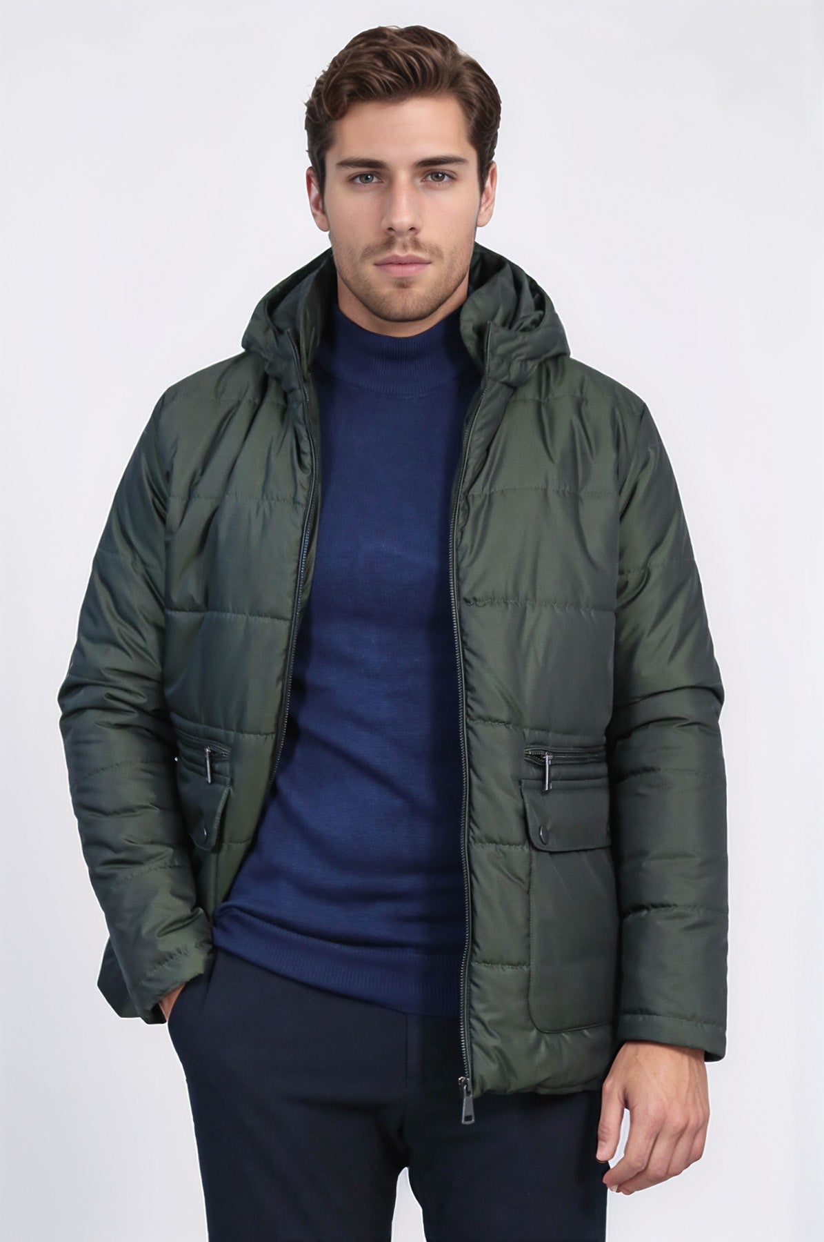 Slim Fit Hooded Green Men Coat - Wessi
