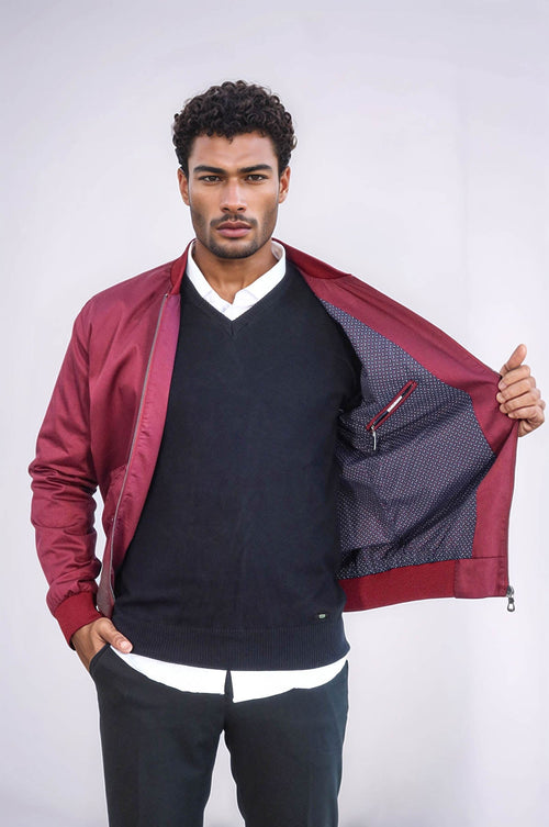 Flap Pockets Zippered Burgundy Men Bomber Coat - Wessi