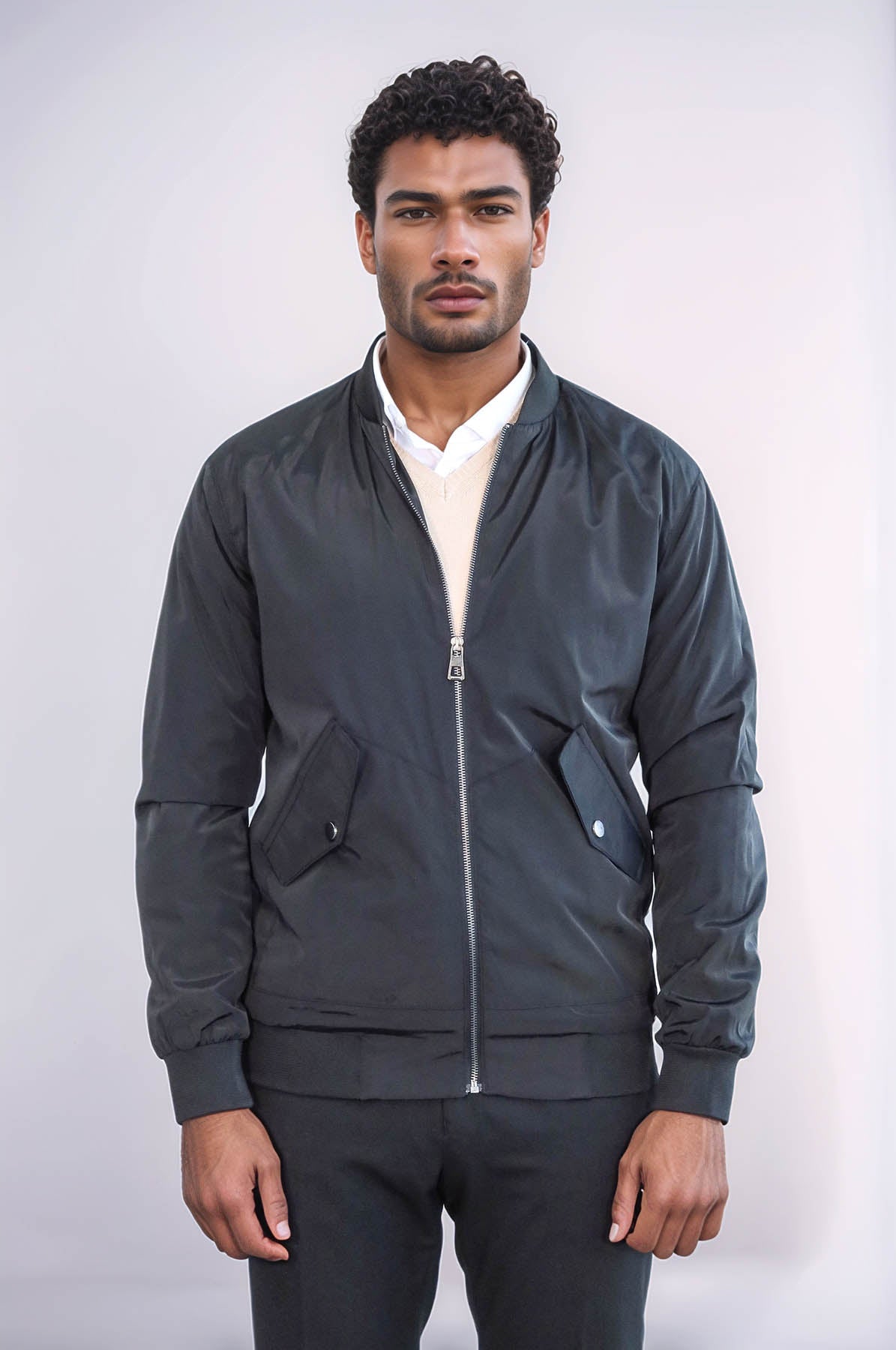Flap Pockets Zippered Black Men Bomber Coat - Wessi