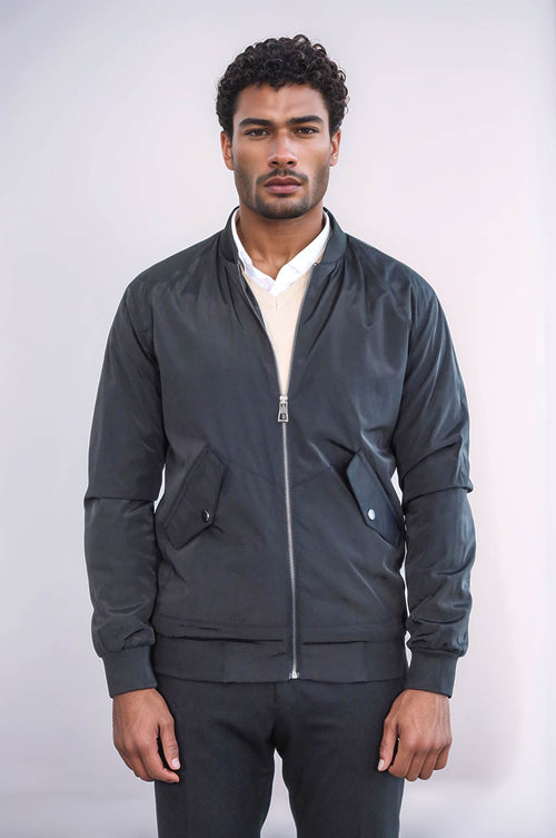 Flap Pockets Zippered Black Men Bomber Coat - Wessi