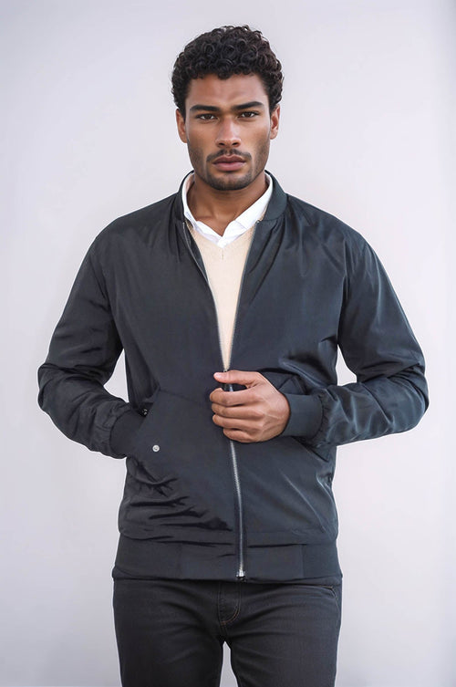 Flap Pockets Zippered Black Men Bomber Coat - Wessi