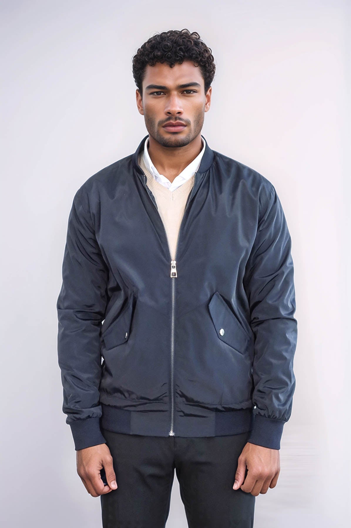 Zippered Flap Pockets Navy Blue Men Bomber Coat - Wessi