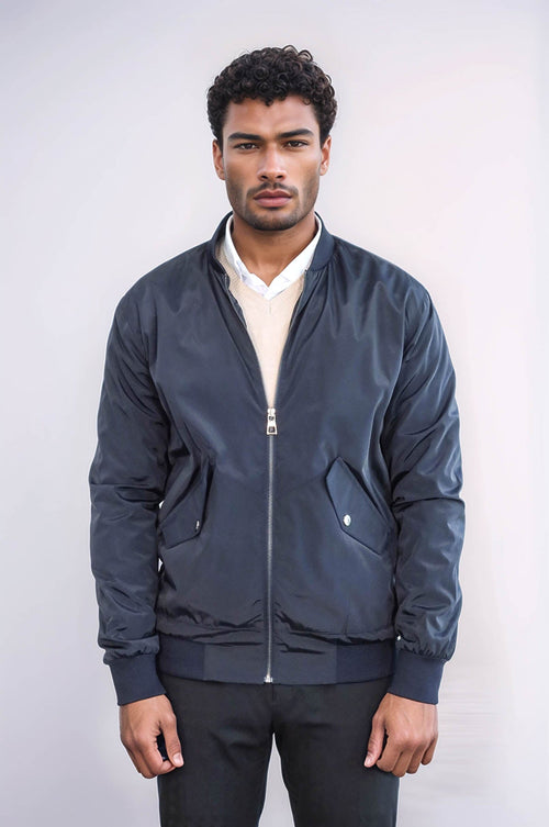 Zippered Flap Pockets Navy Blue Men Bomber Coat - Wessi