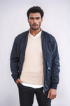 Zippered Flap Pockets Navy Blue Men Bomber Coat - Wessi