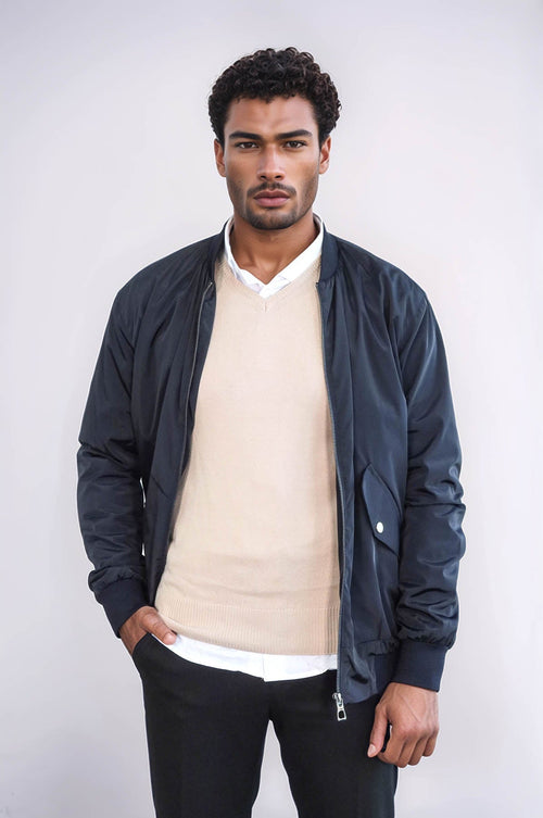Zippered Flap Pockets Navy Blue Men Bomber Coat - Wessi