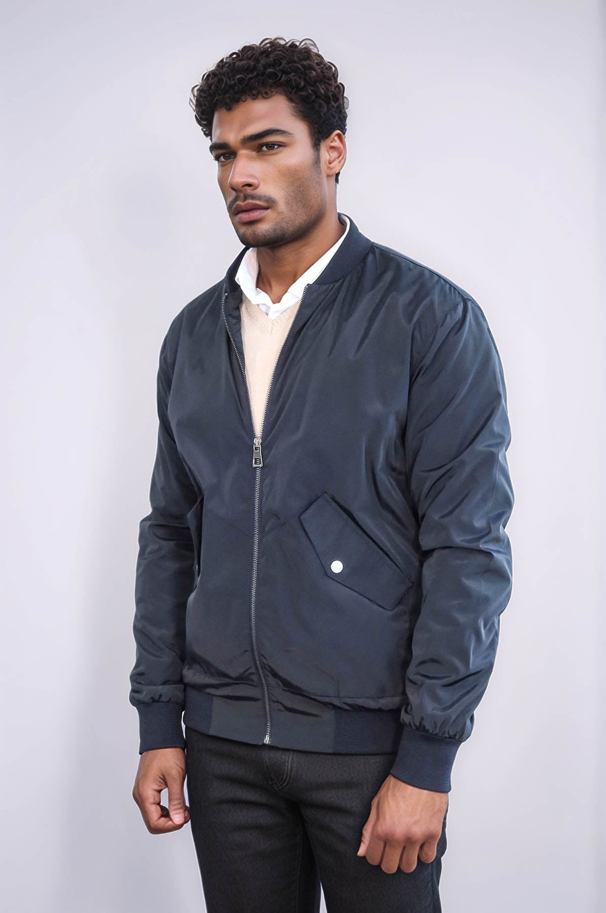 Zippered Flap Pockets Navy Blue Men Bomber Coat - Wessi