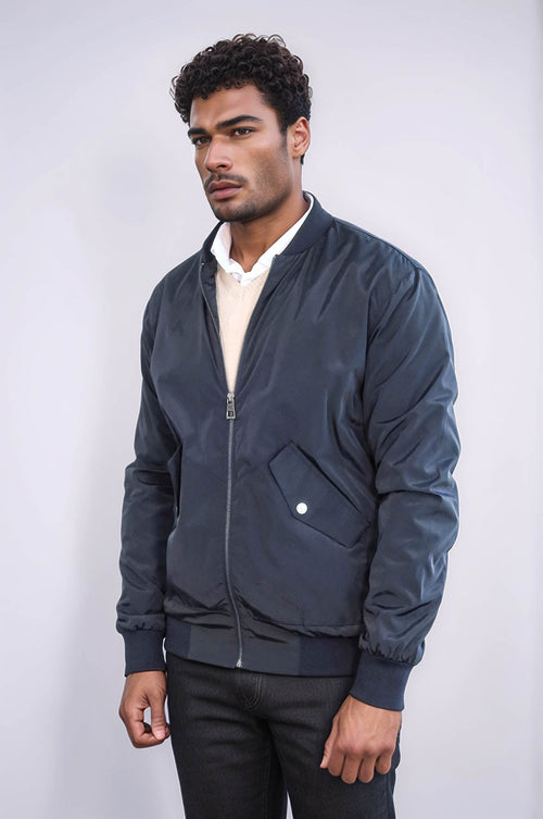 Zippered Flap Pockets Navy Blue Men Bomber Coat - Wessi