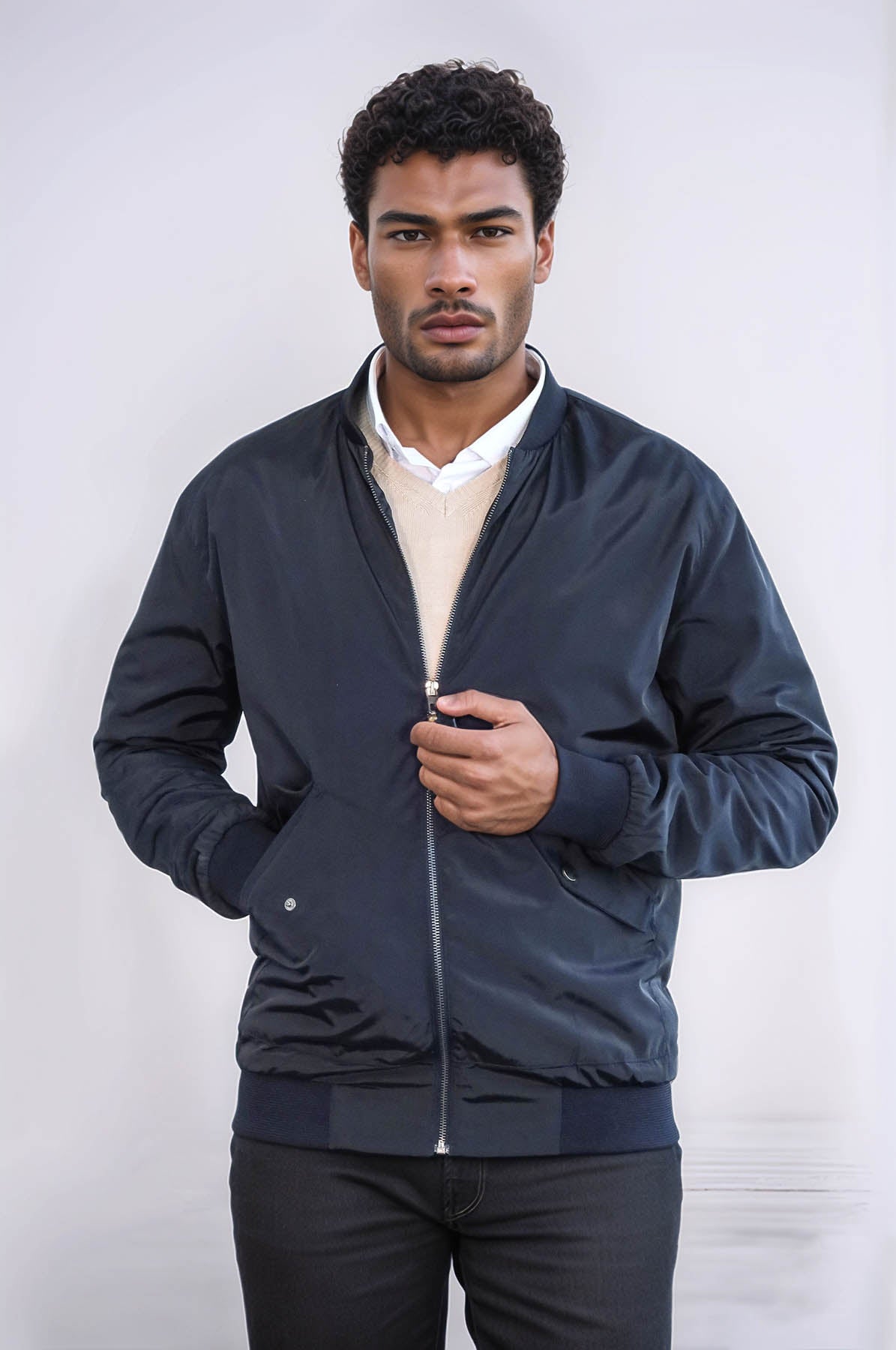 Zippered Flap Pockets Navy Blue Men Bomber Coat - Wessi