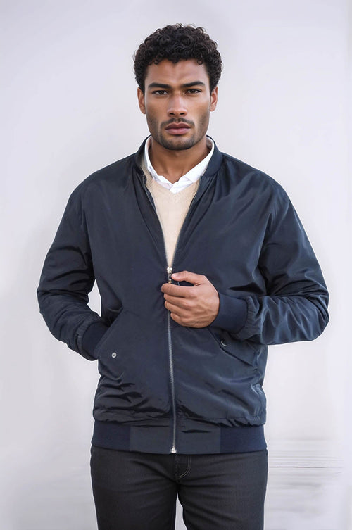 Zippered Flap Pockets Navy Blue Men Bomber Coat - Wessi