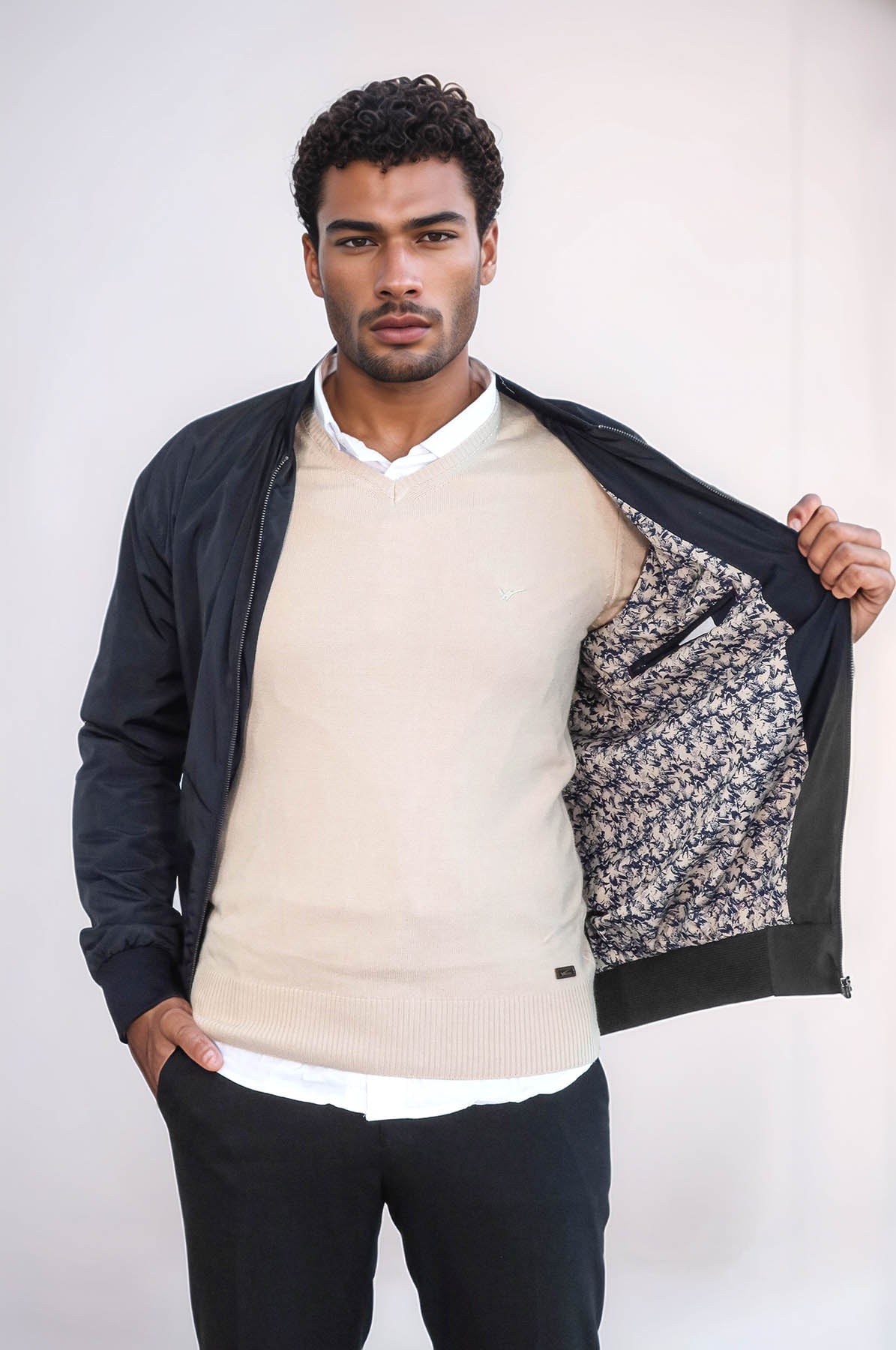 Zippered Flap Pockets Navy Blue Men Bomber Coat - Wessi