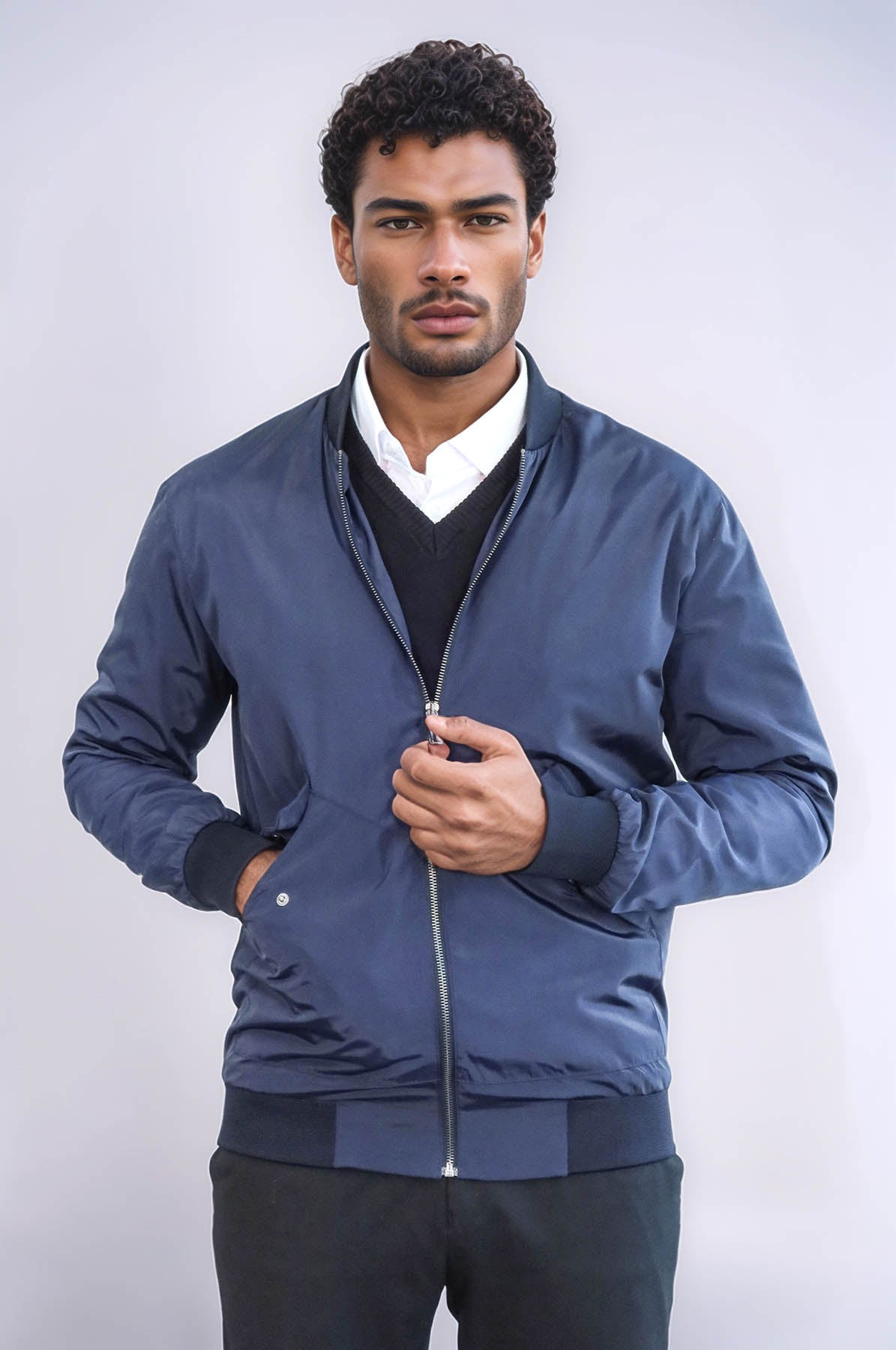 Flap Pockets Zippered Blue Men Bomber Coat - Wessi