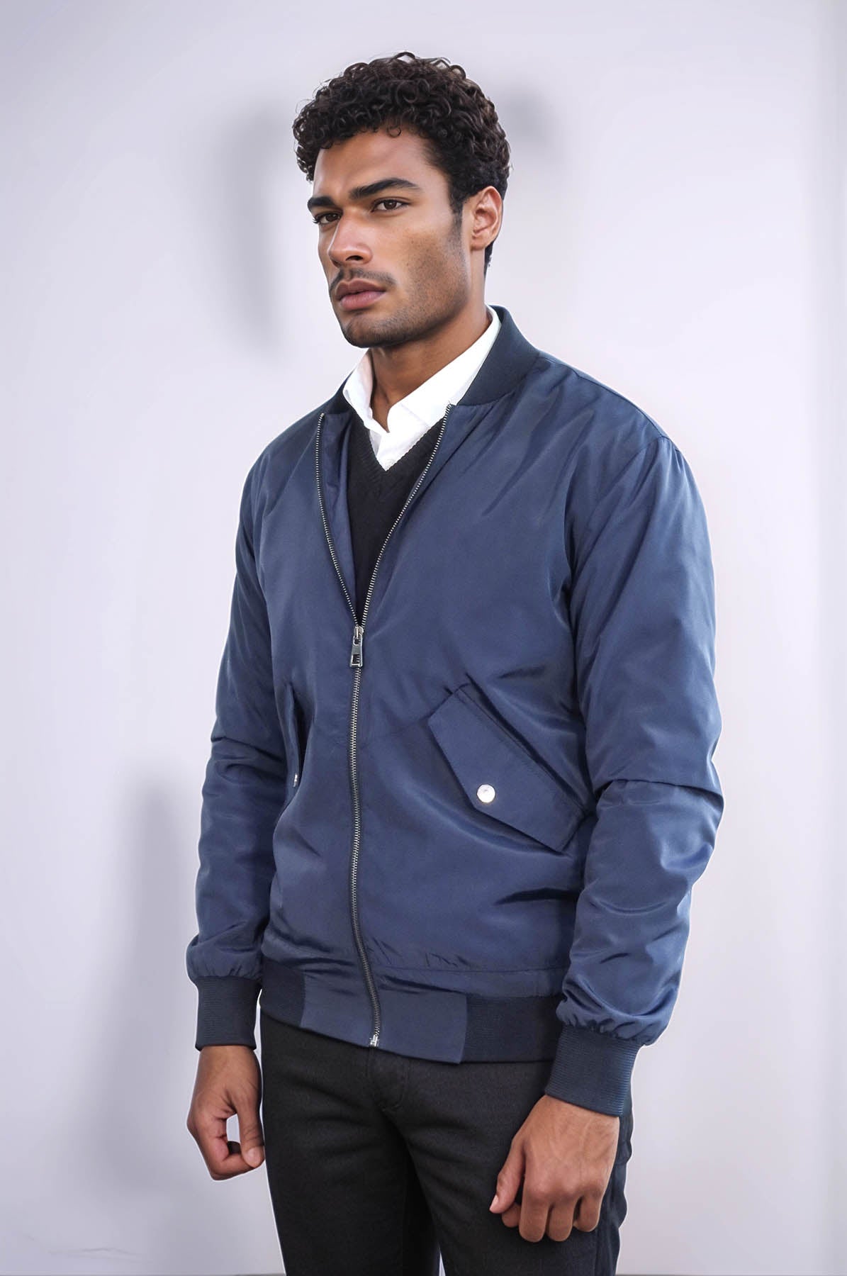 Flap Pockets Zippered Blue Men Bomber Coat - Wessi