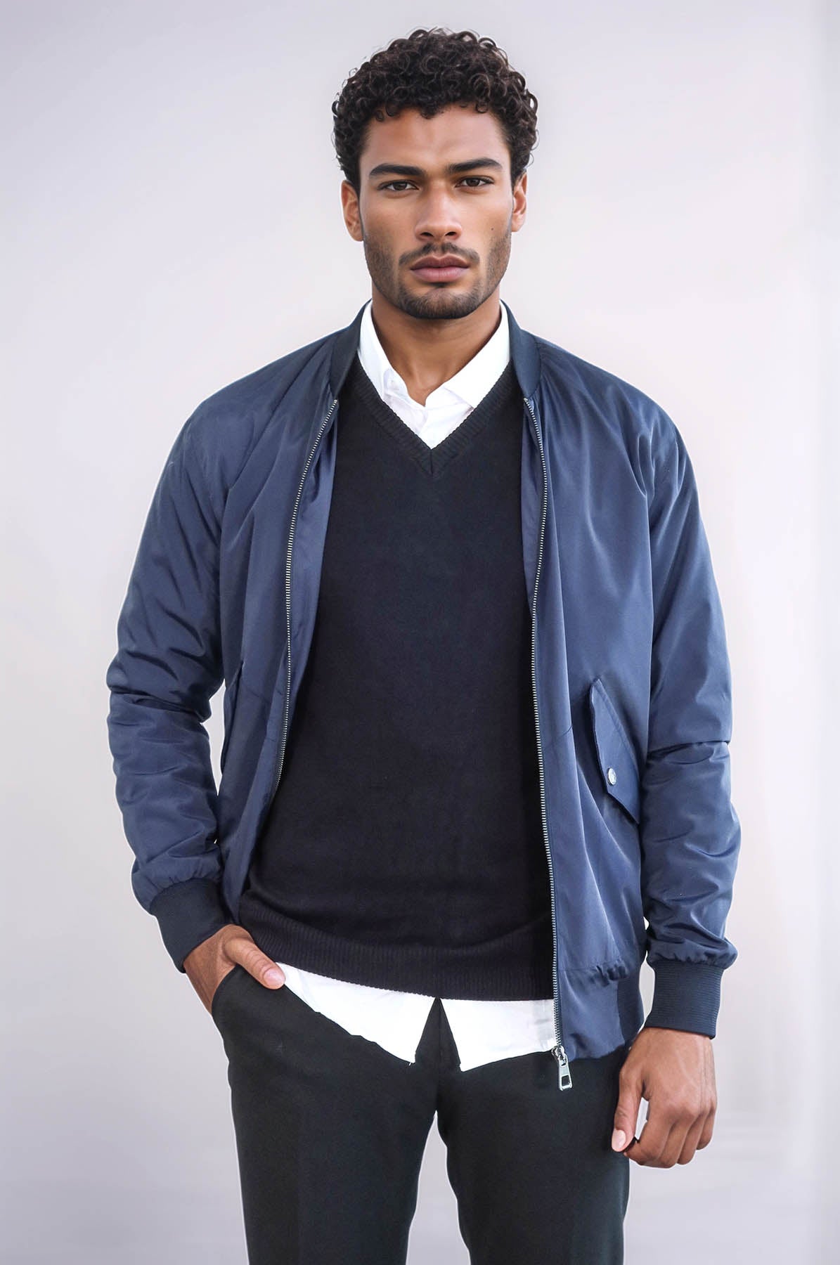 Flap Pockets Zippered Blue Men Bomber Coat - Wessi